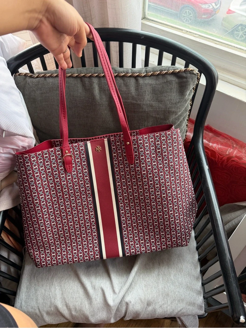 Tory Burch Red Patterned Tote with Center Stripe Accent
